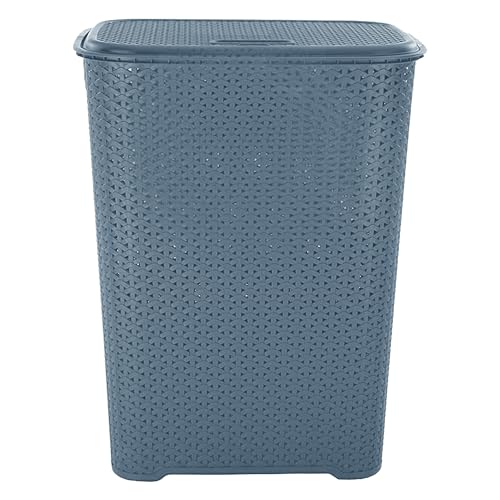 M1SS 1 X Blue 65L Litre Large Laundry Basket with Flip Lid Knit Design Plastic Large Hamper, Washing Baskets Linen Clothes Box Freestanding Sturdy Tall Laundry Sorter Bin Storage for Bathroom, Bedroom