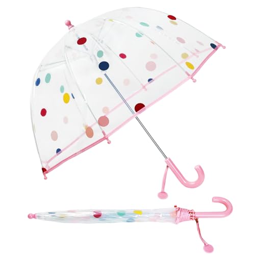 Regenschirm Kinderschirm Stockschirm, Windsicher Robustheit Regen Regenschirm Transparent, Kinderregenschirm Durchsichtig Junge Mädchen, Kuppel-Blasenschirm Durchmesser=70cm (Rosa Polka Dots)