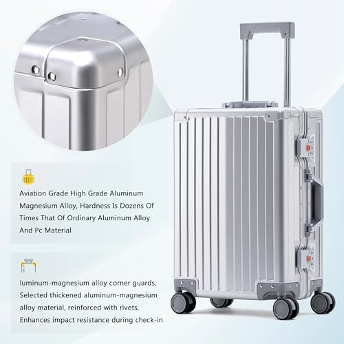 YYW Aluminum Carry-On Luggage Airline Approved Lightweight Suitcase with TSA Lock and Silent Wheels, Hardshell Spinner Business Travel (silver, 24in)4