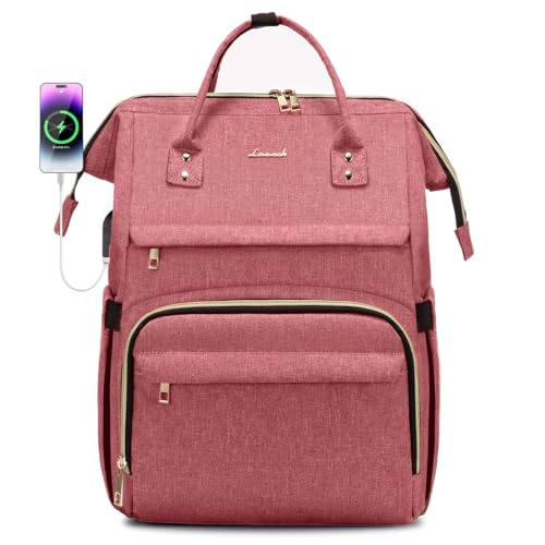 Image of LOVEVOOK Laptop Backpack for Women,17 Inch Professional Womens Travel Backpack Purse Computer Laptop Bag Nurse Teacher Backpack,Waterproof College Work Bag Carry on Back Pack with USB Port,Light-red