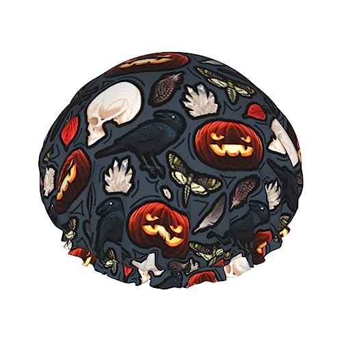 Shower Cap Reusable halloween raven pumpkin skull Bath Shower Caps for Women Long Hair Double Layer Waterproof Bathing Shower Hat Hair Protector