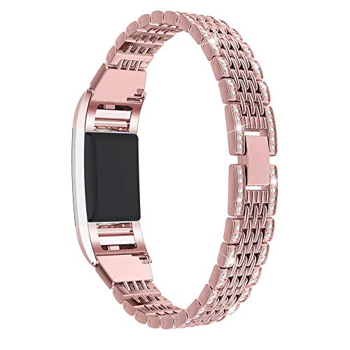 Kompatibel Armband für Fitbit Charge 2 Rosegold Metall Frau mit Glitzer Strass,Fitbit Armband Charge2 Damen Silber Ersatzband Fitness Armbänder