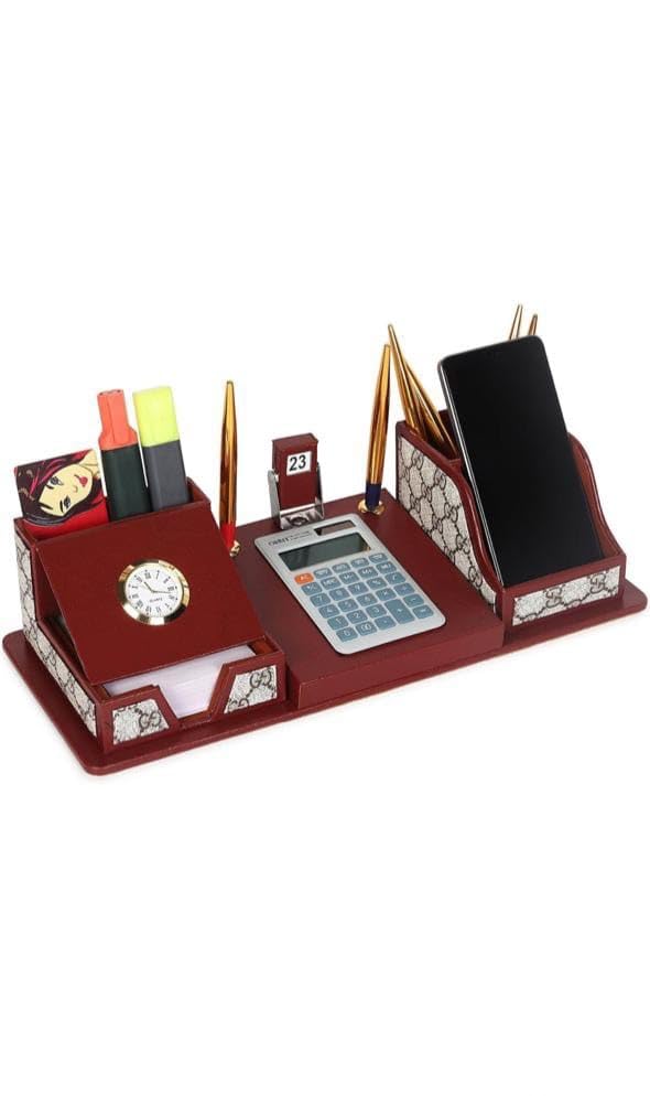 Image of LUVYANSH Leather Multipurpose Desk Organizer Pen Stand and Mobile Holder With Calculator,Watch and date For Office Table Top Desktop (15x6 Inches) (Brown) colour