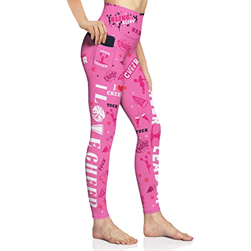 Medtogs Cheerleading Leggings For Women Cheerleader Yoga Pants Cheer High Waisted Workout Athletic Leggings With Pockets Pink #TOP1