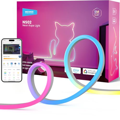 Image of NEEWER 16.4ft /5m LED Strip Lights, Smart AI RGB IC Flexible Cuttable Neon Rope Light, App Control, Bedroom Gaming Room Indoor Home Classroom Wall Decor, Compatible with Google Assistant Alexa, NS02