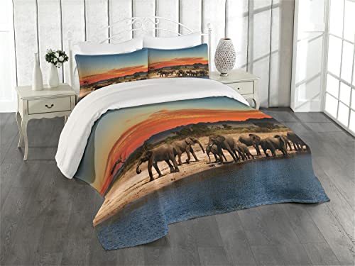 Ambesonne Savannah Coverlet, Animal Herd Watering in Wilderness at Sunset Africa Image Print, 3 Piece Decorative Quilted Bedspread Set with 2 Pillow Shams, Queen Size, Pale Blue Orange Brown