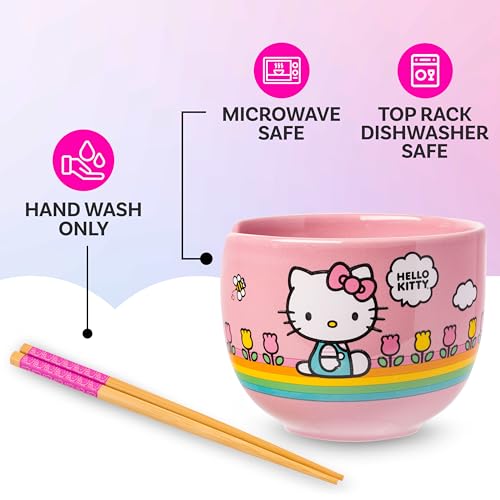 Image of Silver Buffalo Sanrio Hello Kitty Spring, Ramen Bowl with Chopsticks, 20oz | Summer Flowers, Rainbow Stripes, Ceramic, Noodle Rice, Microwave Safe, 0.59 Liters