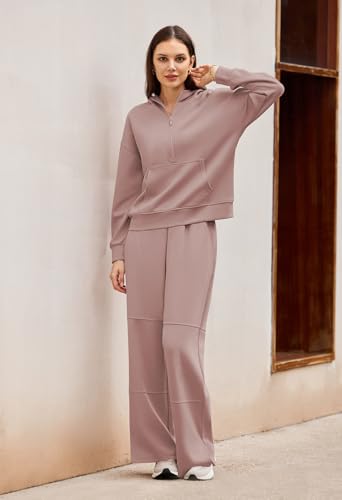 Pink Queen Women's 2 Piece Lounge Sets Half Zip Hooded Sweatshirt and Wide Leg Sweatpants Sweatsuit Tracksuit Matching Set4