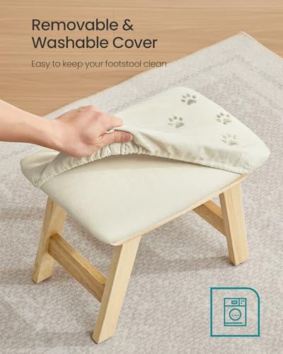 Image of SONGMICS Foot Stool Ottoman, Padded Foot Rest Under Desk with Solid Wood Frame, Removable Cover, for Living Room, 9.8 x 15.4 x 11.8 Inches, Summer Sand and Natural Beige ULSF052LF02