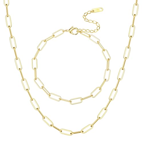 Adramata Halskette Kette Armband Damen Paperclip Edelstahl Halskette Armband Set Stapeln 18K Vergoldet Halsketten Armbänder Rosegold/Silber/Gold Kette Schmuck Wasserfest Armband Halskette Damen
