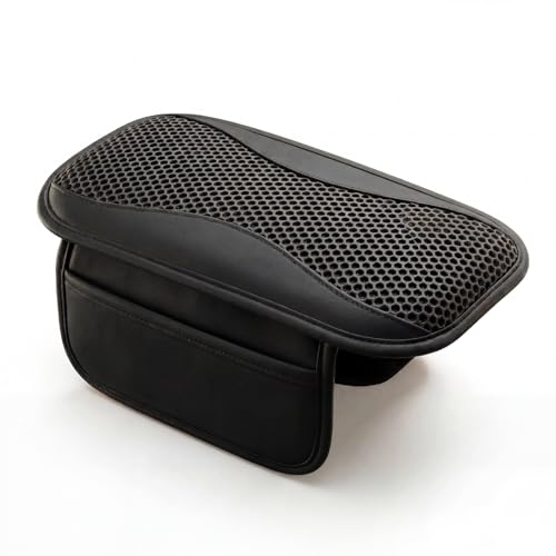 Image of DETACHI Car Center Console Armrest Cover Pad, PU Leather Mesh Armrest Cushion,Universal Fit for SUV /Truck /Car, Console Box Cover With 2 Mobile Pockets, Breathable Mesh Fabric Mat-(Black, 31X18X2CM)