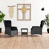 KLGBNCVE Poly Rattan Patio Lounge Set with Cushions, 3 Piece Outdoor Recliner Set with Adjustable Backrest and Tea Table, Dark Gray