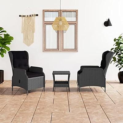 KLGBNCVE Poly Rattan Patio Lounge Set with Cushions, 3 Piece Outdoor Recliner Set with Adjustable Backrest and Tea Table, Dark Gray