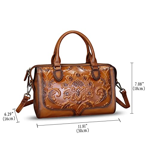 Image of Genuine Leather Satchel for Women Embossed Leather Handbag Top Handle Bags Handmade Purse Crossbody Handbags Tote Bag (Brown)