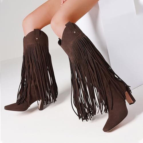 Mattiventon Knee High Boots for Women Fashion Fringe Boots with Square Toe Chunky Heel Pull On Suede Tall Boot for Party Dating4