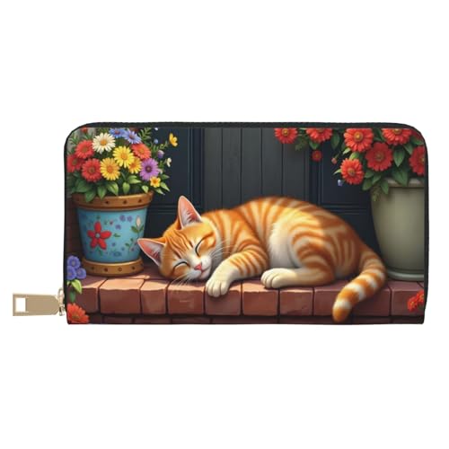Wallet Women - Cute Orange Cat-A Print Leather Wallet for Women with Zipper, Cute Bifold Long Ladies Wallets