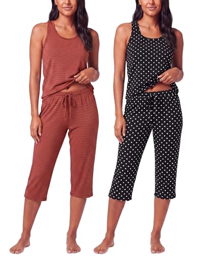 Image of Real Essentials 2 Pack: Women's Tank Top & Capri Pajama Set - Super-Soft Sleeveless Summer Loungewear (Plus Size Available)