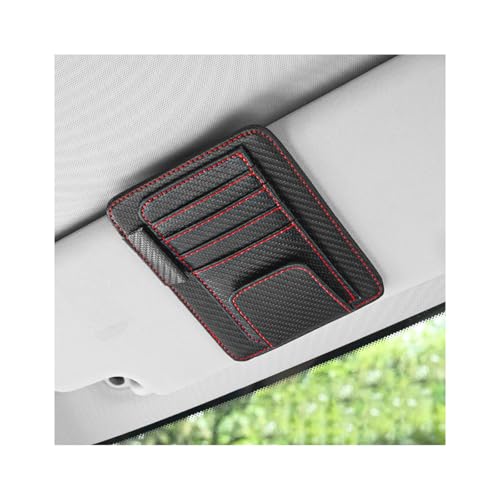 povtii Car Sun Visor Organizer, Waterproof Leather Car Sun Visor Storage Clip, Multifunctional Vehicle Sun Visor Folder with Sunglasses Clip, Universal Interior Car Accessories (Red Carbon Fiber)