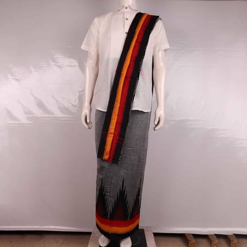 Image of Authentic Sambalpuri Handloom Cotton Unstitched Dhoti with Utari for Men | Traditional Odisha Weave Ikat Dhoti for Festive & Religious Wear