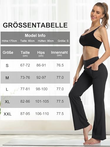 MOVE BEYOND Damen Yogahose Sporthose Bootcut Butterweiche Jogginghose Schlaghose Leggings mit Taschen, Schwarz, XL