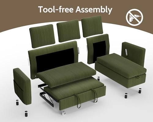 Image of WEUP 82 inch L Shaped Sectional Sleeper Sofa Bed with Pull Out Bed, Sectional Sleeper Couch Pull Out Couch with Reclining Backrest /Reversible Storage Chaise /USB Ports /Tool-Free Assembly, Corduroy Green