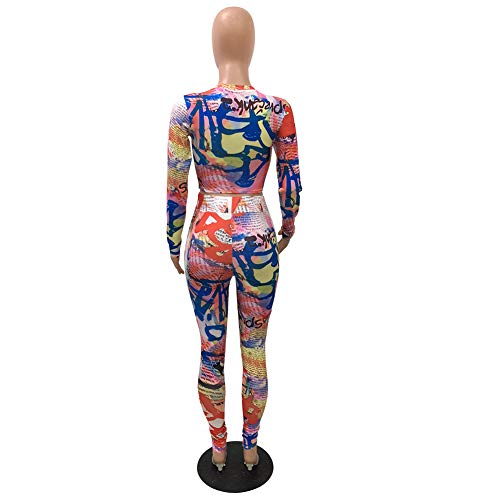 ECHOINE Women Two Piece Outfits - Long Sleeve Paper Print Crop Top Long Pants Bodycon Jumpsuit Tracksuit Set Paper Red M