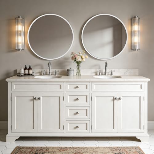 Image of WallBeyond Round Wood Mirror 28 inch Circle Wall Mirror for Bathroom Round Wall Mirror for Wall Decor, Vanity, Entryway Living Room (White)