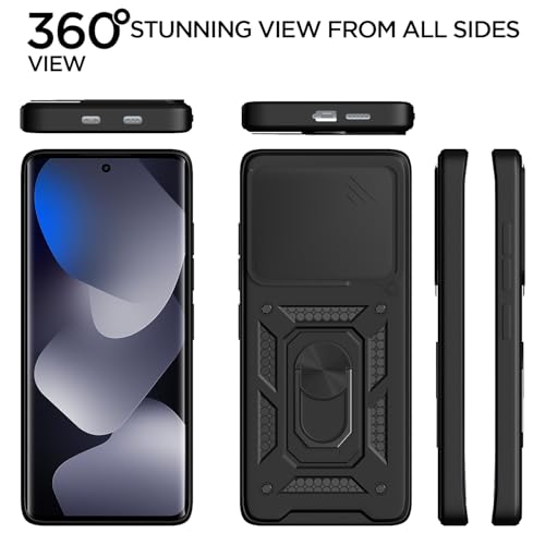 Image of Pikkme Back Cover for Redmi Note 15 5G | 360 Protection Case | Sliding Camera Shield Cover & Ring Holder Stand D10 Tough Armor Bumper Case (Black)