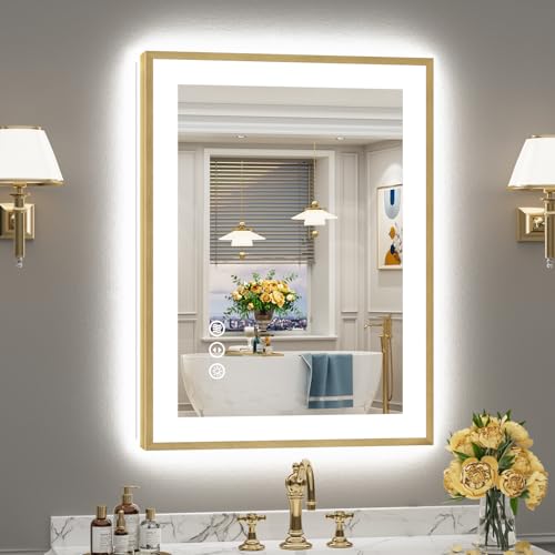 Image of 24x32 Gold LED Bathroom Mirror with Lights, Brushed Gold Framed Backlit and Front Lit Anti-Fog Lighted Vanity Mirrors for Bathroom Wall, Dimmable, 3 Colors, Memory, HD Tempered Glass, CRI 95