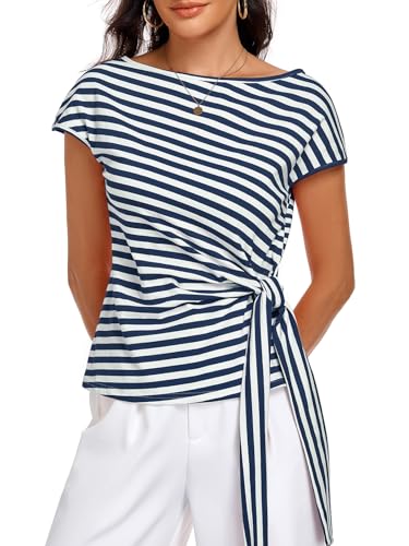 Image of HOTIAN Womens Cap Sleeve T Shirts 2026 Tie Waist Wrap Tops Crew Neck Blouses Dressy Casual Loose Work Business Dressy