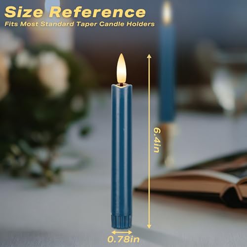 Image of Blue Flameless Taper Candles with Remote, Short Battery Operated LED Candles, 6.4inch Flickering Flameless Candlesticks for Table Centerpiece, Wedding, Mantel, Window Decor, Set of 6