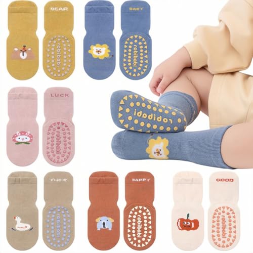 Baby Non-Skid Sock Non Slip Toddler Sock with Grips Anti-Slip Crew Sock for Infant Toddler Boy Girl 6 Pairs (US, Age, 1 Year, 3 Years, Style2)