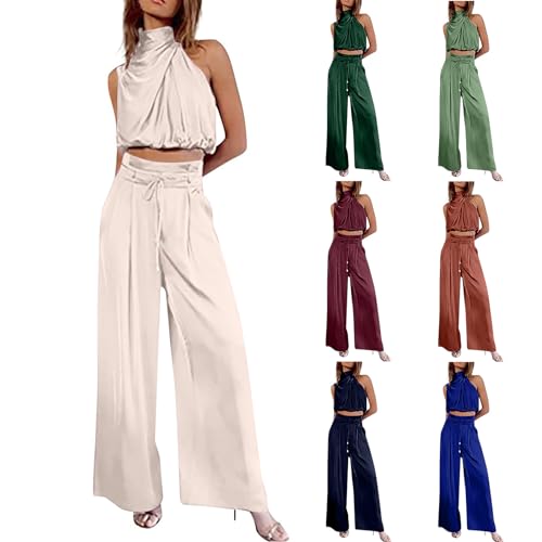 HGps8w 2 Piece Outfits for Women Dressy Satin Mock Neck Sleeveless Crop Top Blouse & Wide Leg Pants Elegant Office Party Sets2