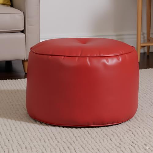 Image of Premium Faux Leather Footstool /Footrest /Pouffe | EPS Beans Filled | Ready to Use | Soft Cushioned Ottoman | Durable Leatherette Finish | Living Room, Bedroom & Office Color- (Red)