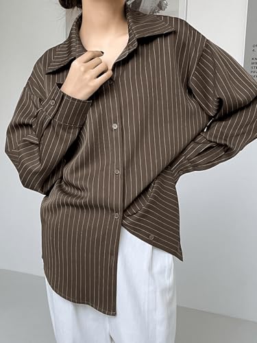Image of GRECIILOOKS Striped Shirt for Women | Korean Style Full Sleeve Oversized Button Down Shirts | Tops for Women | Shirt for Woman | Plus Size Top for Office & Casual Outfit
