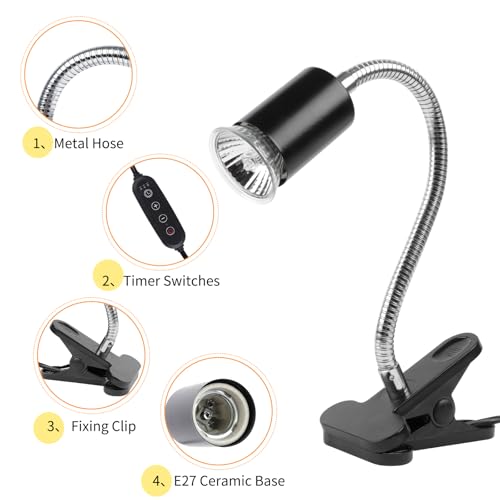 Image of LUCKY HERP Reptile Heat Lamp with Clamp, Aquarium Turtle Tank Basking Light with 360 Rotatable Timing & Dimming and 2 Pack 50W UVA UVB Heat Light Bulb for Turtle Tortoise Lizard