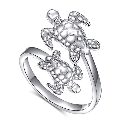Alphm (Health and Longevity) S925 Sterling Silver Turtle Ring Adjustable Wrap Open Spoon Rings