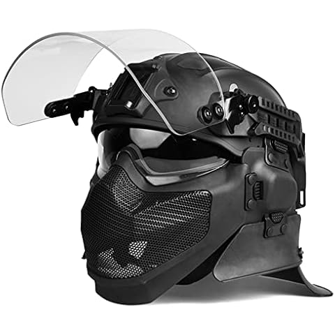 AQ zxdc Full Face Tactical Riot Helmet Sets, with Steel Mesh Mask, Face Shield, Built-In Goggles, Ear/Neck Protection, for Military Combat Police Patrol SWAT Adult Gear,Black Cover