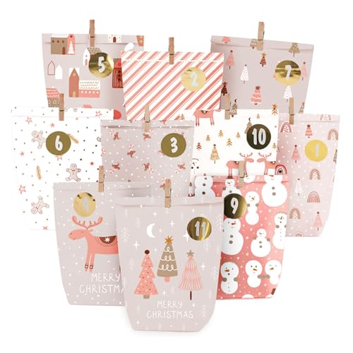 Adventskalender zum Befüllen, Weihnachtskalender zum selber befüllen, 24 Bedruckt Adventstüten zum selbst füllen, Geschenk Papiertüten mit Zahlen Aufkleber zum Selbstbefüllen (Rosa)