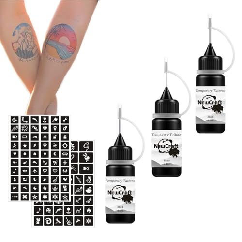 Temporary Tattoo Kit Makeup Inks Freckles Gel for Art Markers 102 Patterns Fake Tattoos stencils DIY for Men Women - 3 Bottles (Black)