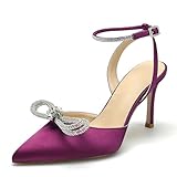 Plum Satin Wedding Shoes - Pointed Toe, High Heels, Ankle Strap, Rhinestones, Size 9