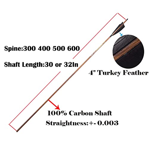 Pinals Archery Traditional Arrows 300 400 500 600 Spine Turkey Feather 32 Inch Carbon Shafts For Recurve Longbow Compound Bows Hunting Targets 12Pcs(Brown 400) #TOP1