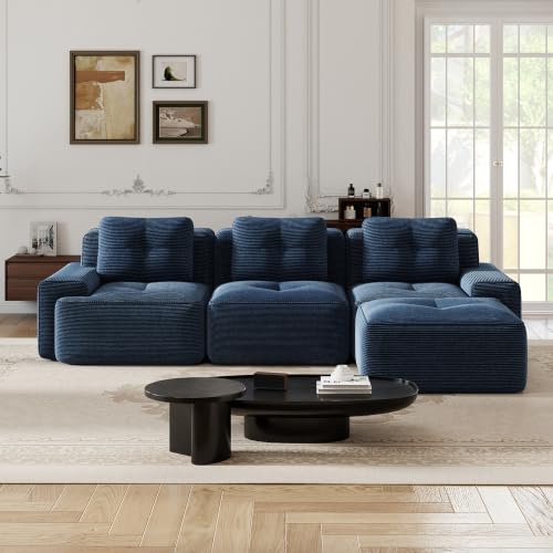 Image of 117 inch L-Shaped 3-Seater Modular Boneless Couch with Ottoman, Soft Corduroy Cloud sectional Sofa, Deep Seat Ergonomic Design, No Assembly Anti-Slip Sofa for Living Room, Blue