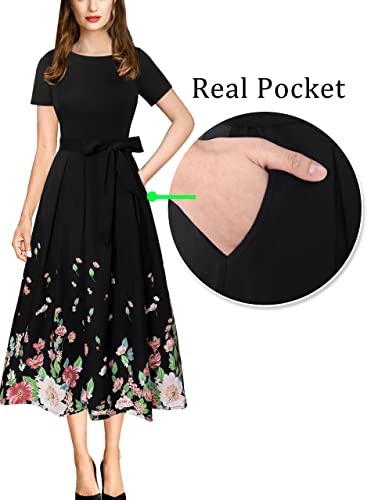 Vfshow Womens Black And Multi Floral Print Chiffon Crew Neck Pockets Belted Work Business Office Casual A-Line Midi Dress 8888 Blk M #TOP5