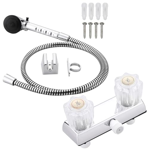 Image of RV Shower Faucet with Hose and Head, RV Outdoor Shower Kits, RV Tub Faucet with Shower Diverter Outdoor Shower Kit Fits for RV /Campers,Travel Trailer,Motorhome (Shower Faucet Kit, Chrome)