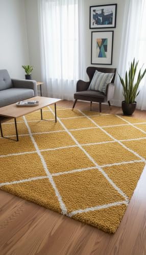 Image of Carpet for Hallway, Kitchen, and Modern InteriorsCarpetCozy Shag Runner for Living Room, Bedroom & Office Decor ETC Size 5x7 feet, Patten-Solid Gold B