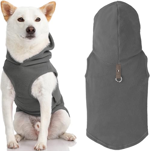Gooby Fleece Vest Hoodie Dog Sweater - Gray, Large - Warm Pullover Dog Hoodie with O-Ring Leash for Small to Medium Dogs