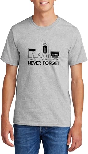 Men's Heavyweight Tee Never Forget Funny Shirt Floppy Disc VHS Cassette Tech Geek Tee Ash Grey XL