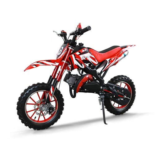 BLAZEGO 49CC Kids Gas Dirt Bike, 2-Stroke Gas Powered Motorcycle, Dual Disc Brakes, Front & Rear Shock, 10' Off-Road Tires, 28 MPH Top Speed, 132 LBS Max Load, Mini Dirtbike for Kids 8-14, Red