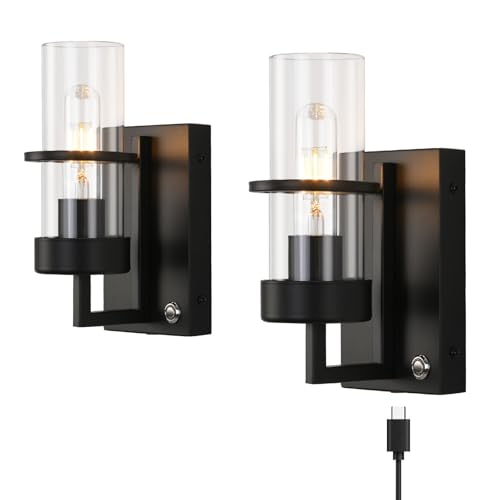 HOXIYA Dimmable Battery Operated Wall Sconce Set of Two, Whole Light Charing USB-c Rechargeable Wall Lamp, 8000mAh 60hrs Long Battery Life Powered Cordless No Wired Required, Clear Glass Shade Black